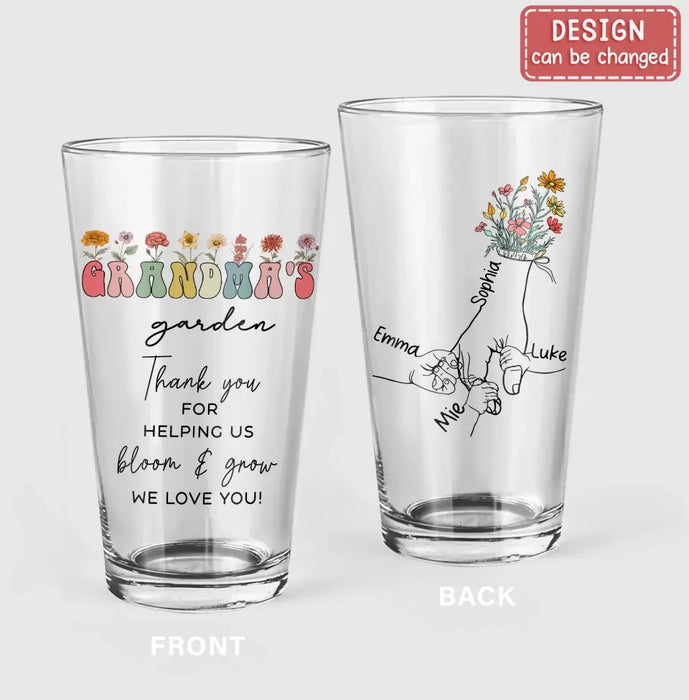 Personalized Grandma's Garden Pint Glass - Up to 6 Kids - Gift Idea For Grandma/Mom/Mother's Day - Thank You For Helping Us Bloom & Grow