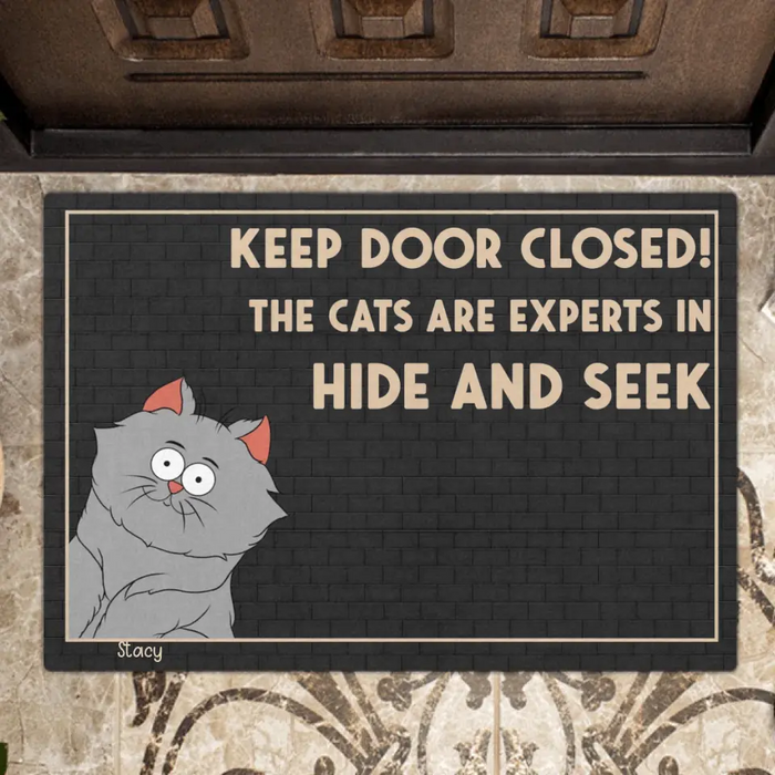 Personalized Cat Doormat - Up to 6 Cats - Gift Idea For Cat Lover - Keep Door Closed! The Cats Are Experts In Hide And Seek