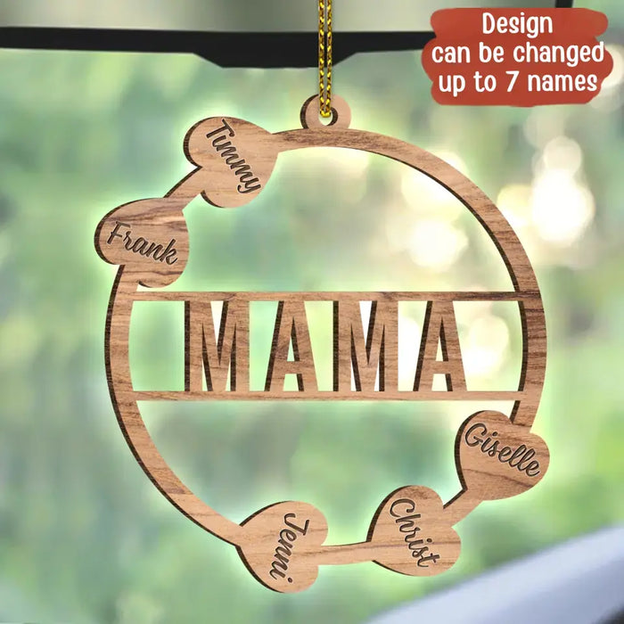 Personalized Mama Hearts Wooden Car Hanging - Up to 7 Kids - Gift To Grandma/Mom/Mother's Day