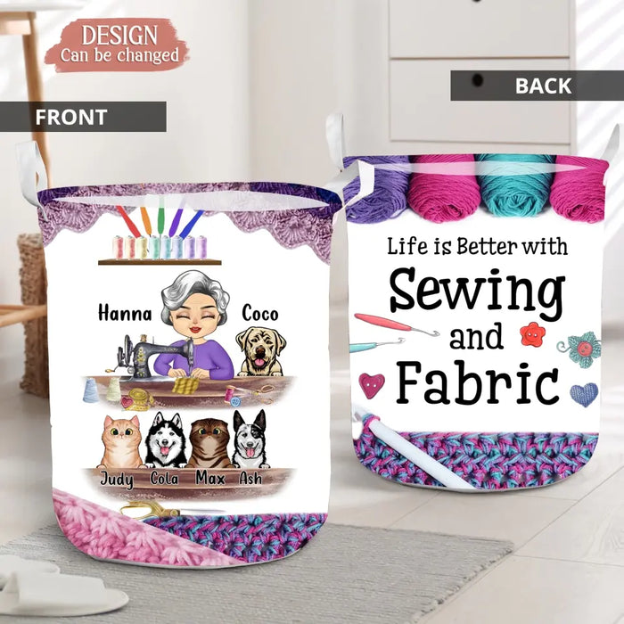 Personalized Sewing Woman With Pets Laundry Basket - Mother's Day Gift For Mom/Grandma With Up To 6 Pets - I Crochet Because Punching People Is Frowned Upon
