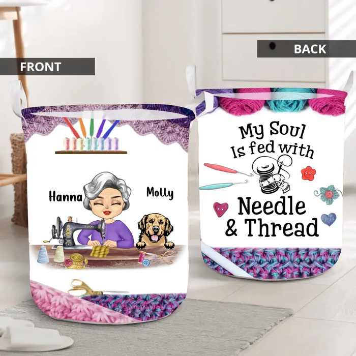 Personalized Sewing Woman With Pets Laundry Basket - Mother's Day Gift For Mom/Grandma With Up To 6 Pets - I Crochet Because Punching People Is Frowned Upon