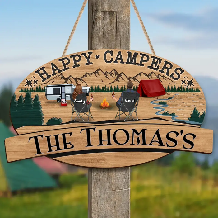 Personalized Camping Wooden Sign - Gift Idea For Camping Lover/Couple/Family - Couple/Parents With Up to 2 Kids And 2 Pets - Happy Campers