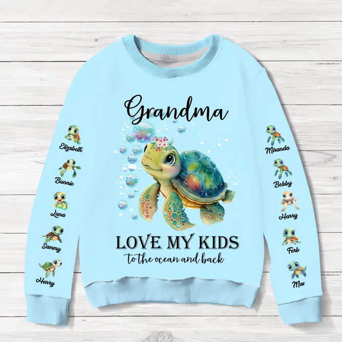 Personalized Turtle AOP Sweater - Up to 10 Turtles - Mother's Day Gift Idea for Grandma/Mom - Love My Kids To The Ocean And Back