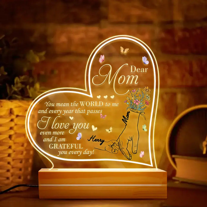 Personalized Dear Mom Heart Shaped Acrylic Night Light With Wooden Base Decoration - Gift Idea For Mom From Daughter/Son - You Mean The World To Me