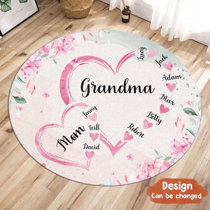 Personalized Grandma Mom Heart Floral Round Rug - Gift Idea For Grandma/Mom/Mother's Day - Up to 6 Kids And 12 Grandkids