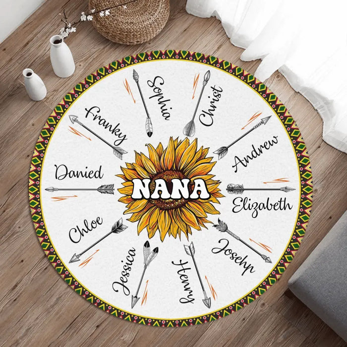 Personalized Grandma Mom Sunflower With Arrow Grandkids Round Rug - Up to 10 Kids - Gift Idea For Grandma/Mom/Mother's Day