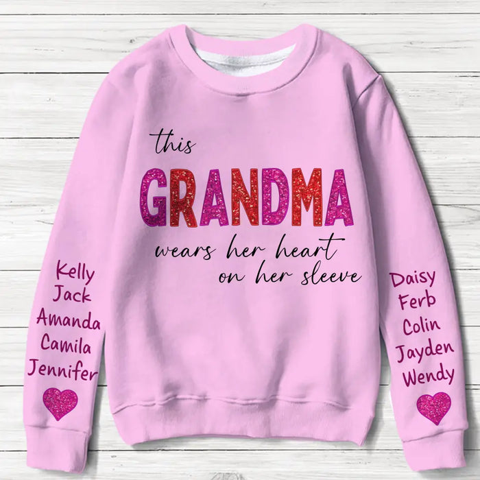Personalized Heart AOP Sweater - Up to 10 Names - Mother's Day Gift Idea for Mom/Grandma - This Grandma Wears Her Heart On Her Sleeve