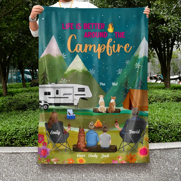 Personalized Camping Flag Sign - Gift Idea For Family/Camping Lover - Couple/Parents/Single Parent With Up to 4 Kids And 4 Pets - Life Is Better Around The Campfire