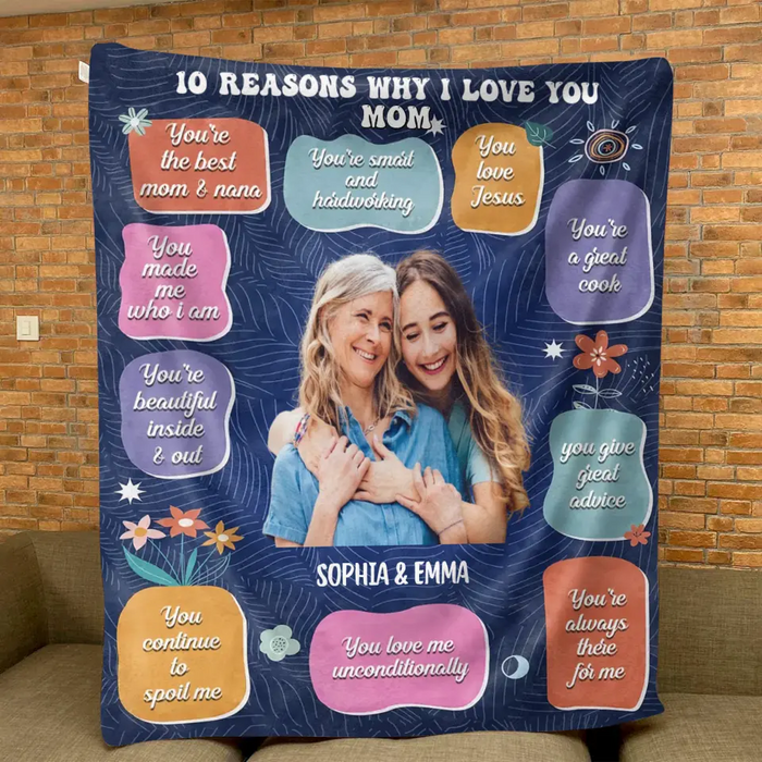 Personalized Photo Quilt/Fleece Throw Blanket - Mother's Day Gift Idea for Mom/Grandma - 10 Reasons Why I Love You