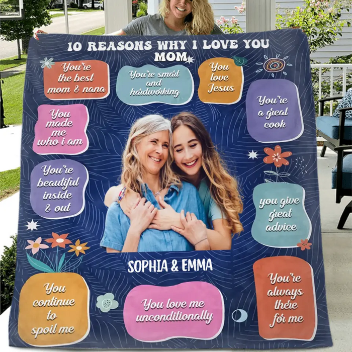 Personalized Photo Quilt/Fleece Throw Blanket - Mother's Day Gift Idea for Mom/Grandma - 10 Reasons Why I Love You