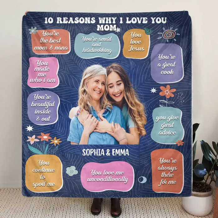 Personalized Photo Quilt/Fleece Throw Blanket - Mother's Day Gift Idea for Mom/Grandma - 10 Reasons Why I Love You