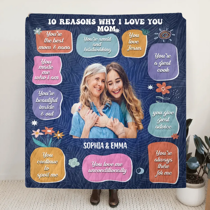 Personalized Photo Quilt/Fleece Throw Blanket - Mother's Day Gift Idea for Mom/Grandma - 10 Reasons Why I Love You