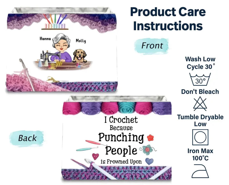 Personalized Sewing Woman With Pets Storage Box - Mother's Day Gift For Mom/Grandma With Up To 6 Pets - I Crochet Because Punching People Is Frowned Upon