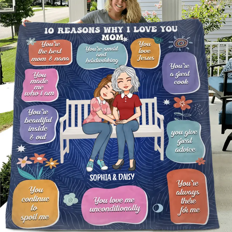 Personalized Mother's Day Quilt/Fleece Throw Blanket - Up to 5 People - Mother's Day Gift Idea for Mom/Grandma - 10 Reasons Why I Love You