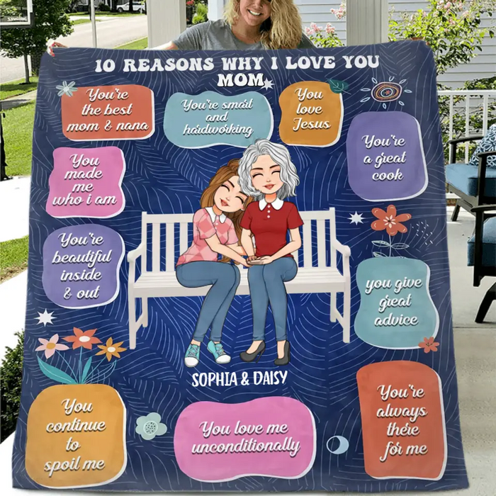 Personalized Mother's Day Quilt/Fleece Throw Blanket - Up to 5 People - Mother's Day Gift Idea for Mom/Grandma - 10 Reasons Why I Love You