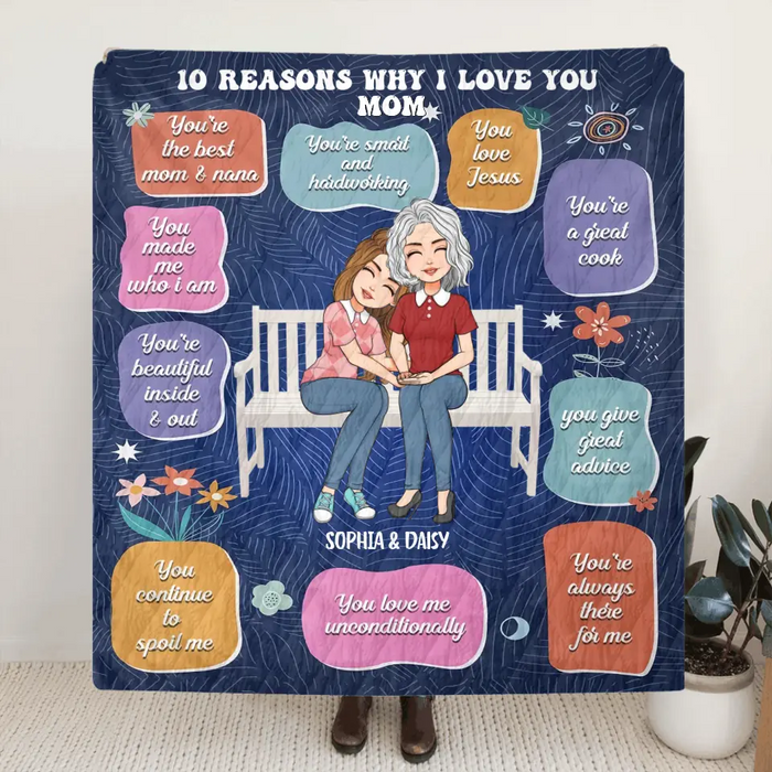 Personalized Mother's Day Quilt/Fleece Throw Blanket - Up to 5 People - Mother's Day Gift Idea for Mom/Grandma - 10 Reasons Why I Love You