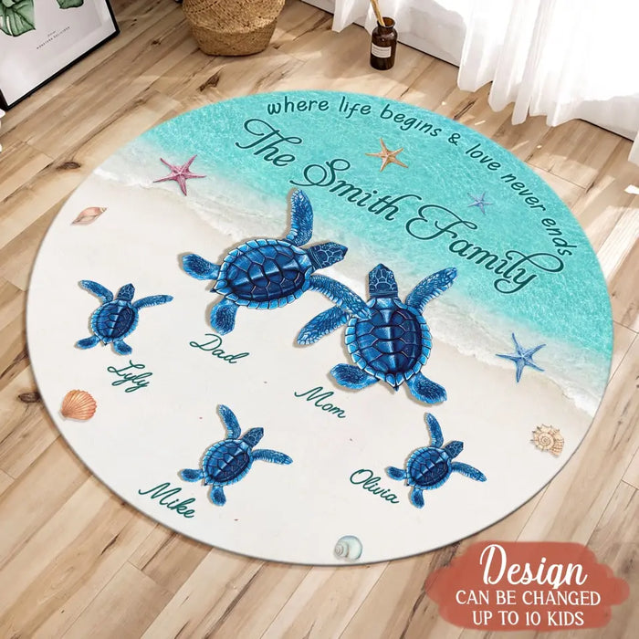 Personalized Turtle Family Round Rug - Gift Idea For Family/Couple - Up to 6 Kids - Where Life Begins & Love Never Ends