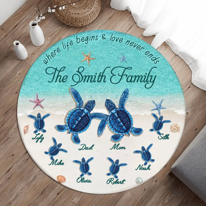 Personalized Turtle Family Round Rug - Gift Idea For Family/Couple - Up to 6 Kids - Where Life Begins & Love Never Ends