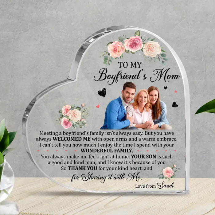 Personalized To My Boyfriend's Mom Heart-Shaped Acrylic Plaque - Upload Photo - Mother's Day Gift Idea For Boyfriend's Mom - Thank You