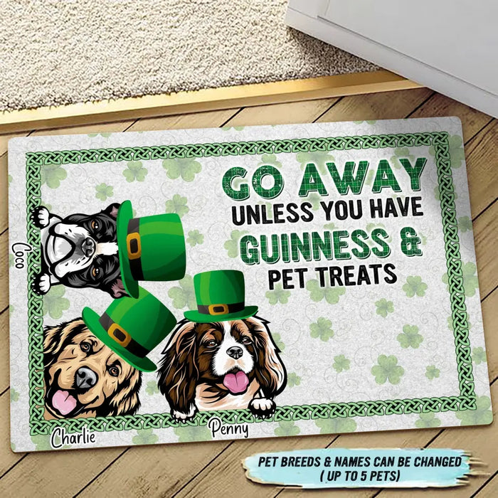 Personalized St Patrick's Day Dog Doormat - Up to 7 Dogs - Gift Idea For St Patrick's Day/Dog Lover - Go Away Unless You Have Guinness & Pet Treats