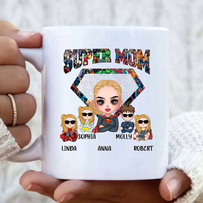 Personalized Super Mom Coffee Mug - Up to 4 Kids - Gift Idea For Grandma/Mother's Day