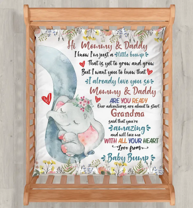 Personalized Elephant Quilt/Fleece Throw Blanket - Gift Idea For New Mom/Dad - Hi Mommy Daddy
