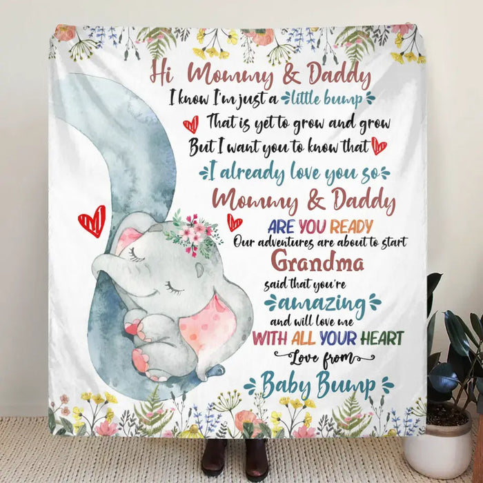 Personalized Elephant Quilt/Fleece Throw Blanket - Gift Idea For New Mom/Dad - Hi Mommy Daddy