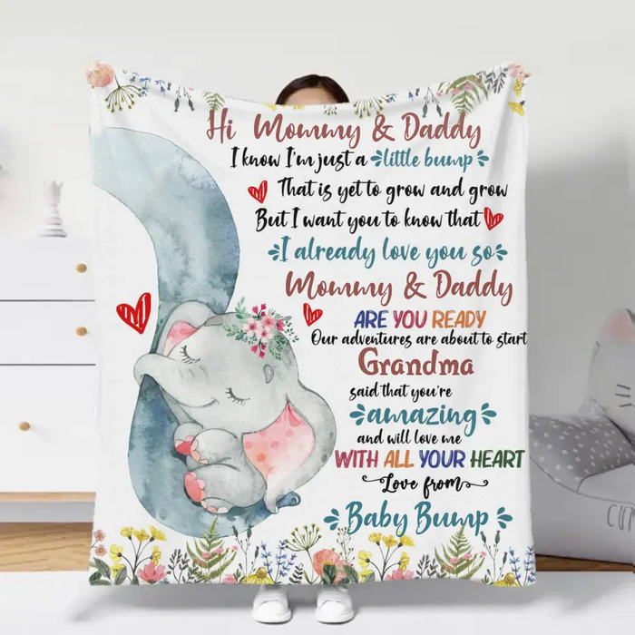Personalized Elephant Quilt/Fleece Throw Blanket - Gift Idea For New Mom/Dad - Hi Mommy Daddy