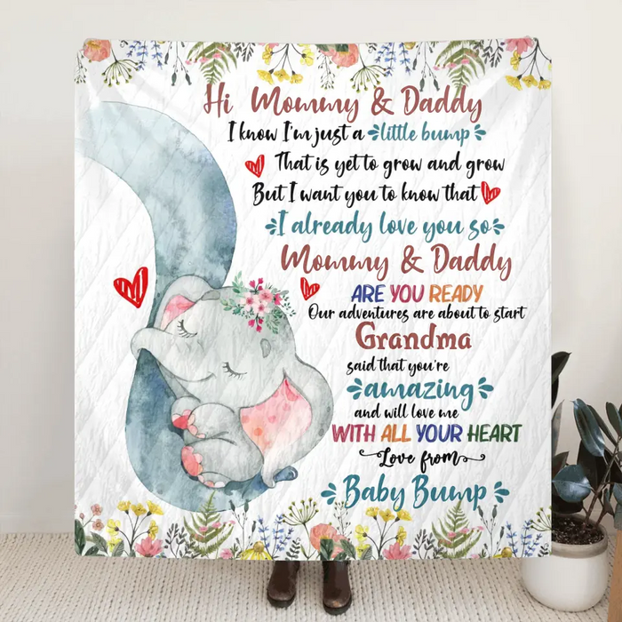 Personalized Elephant Quilt/Fleece Throw Blanket - Gift Idea For New Mom/Dad - Hi Mommy Daddy