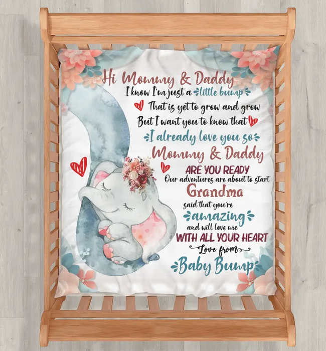 Personalized Elephant Quilt/Fleece Throw Blanket - Gift Idea For New Dad/Mom - Hi Mommy Daddy