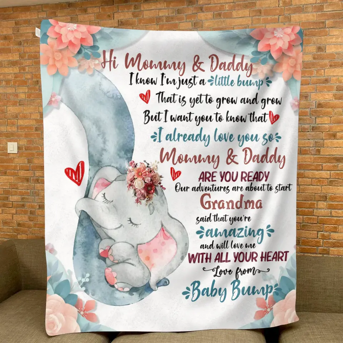 Personalized Elephant Quilt/Fleece Throw Blanket - Gift Idea For New Dad/Mom - Hi Mommy Daddy