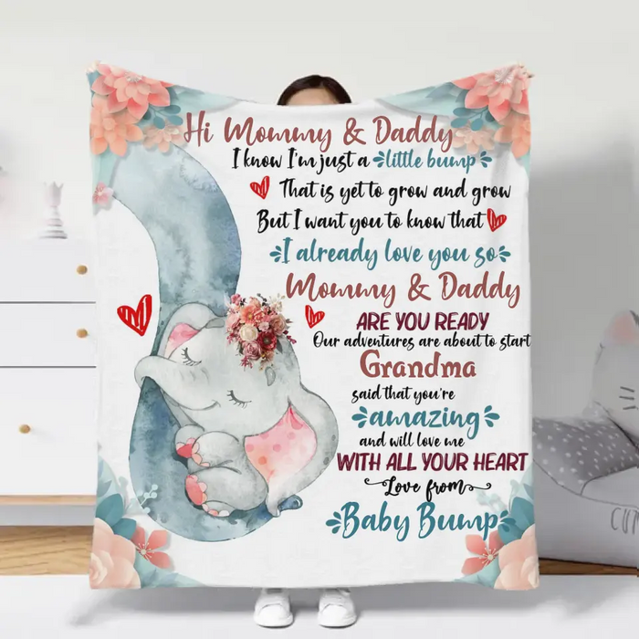 Personalized Elephant Quilt/Fleece Throw Blanket - Gift Idea For New Dad/Mom - Hi Mommy Daddy