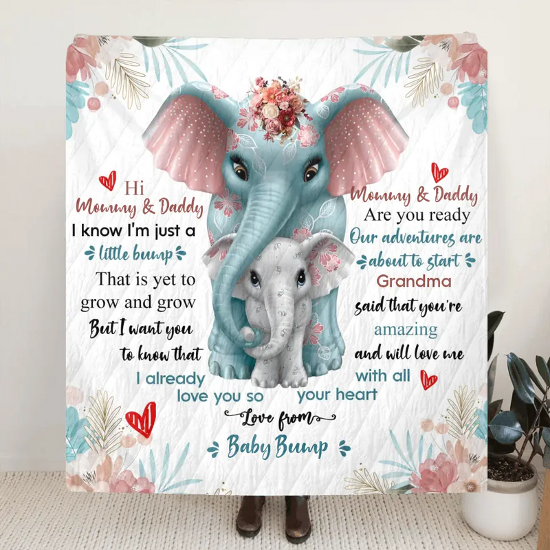 Personalized Elephant Quilt/Fleece Throw Blanket - Gift Idea For New Dad/Mom - Love From Baby Bump