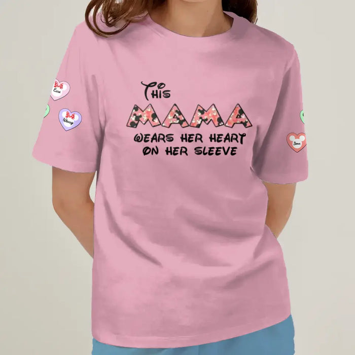 Personalized Mother's Day AOP T-Shirt - Up to 10 Kids - Mother's Day Gift Idea for Mom/Grandma - This Mom/Nana Wears Her Heart On Her Sleeve