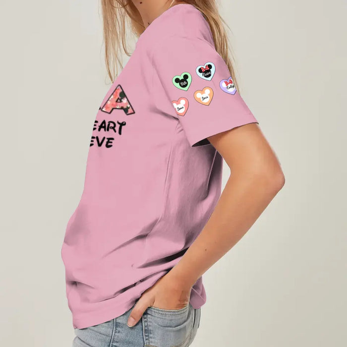 Personalized Mother's Day AOP T-Shirt - Up to 10 Kids - Mother's Day Gift Idea for Mom/Grandma - This Mom/Nana Wears Her Heart On Her Sleeve