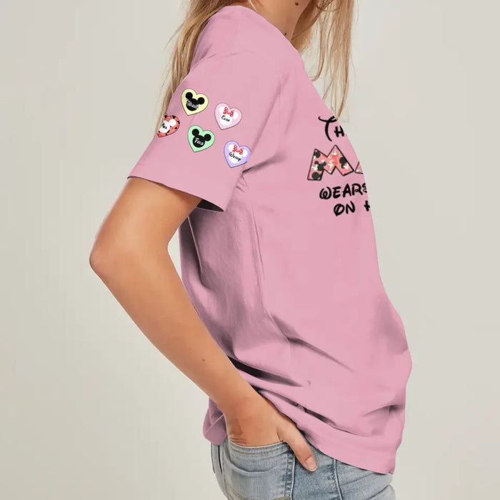 Personalized Mother's Day AOP T-Shirt - Up to 10 Kids - Mother's Day Gift Idea for Mom/Grandma - This Mom/Nana Wears Her Heart On Her Sleeve