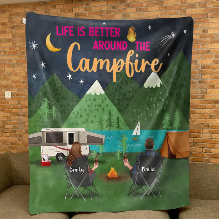 Personalized Camping Quilt/Fleece Throw Blanket - Gift Idea For Family/Camping Lover - Couple/ Parents/ Single Parent With Up to 5 Kids And 4 Pets - Life Is Better Around The Campfire
