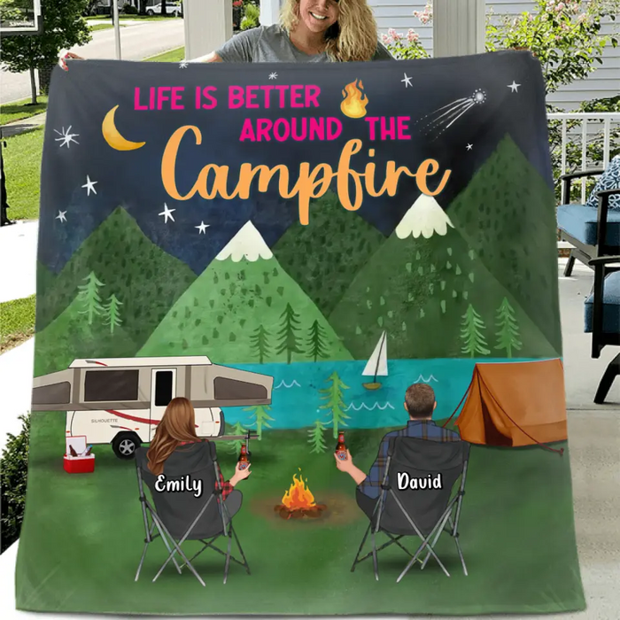 Personalized Camping Quilt/Fleece Throw Blanket - Gift Idea For Family/Camping Lover - Couple/ Parents/ Single Parent With Up to 5 Kids And 4 Pets - Life Is Better Around The Campfire
