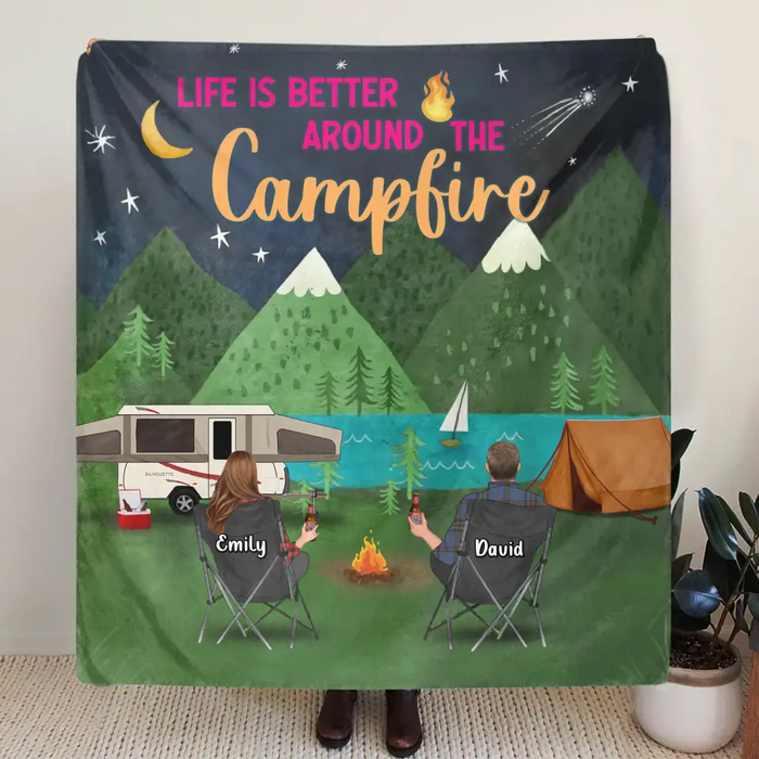Personalized Camping Quilt/Fleece Throw Blanket - Gift Idea For Family/Camping Lover - Couple/ Parents/ Single Parent With Up to 5 Kids And 4 Pets - Life Is Better Around The Campfire