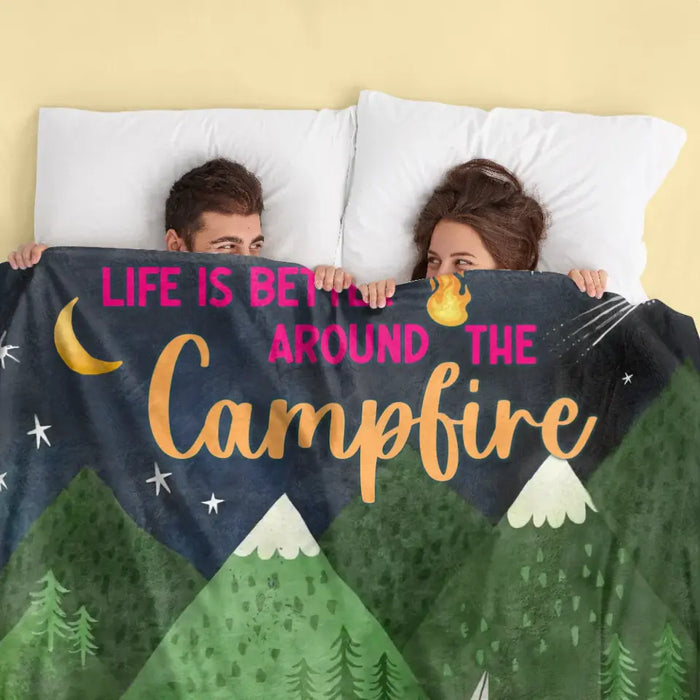 Personalized Camping Quilt/Fleece Throw Blanket - Gift Idea For Family/Camping Lover - Couple/ Parents/ Single Parent With Up to 5 Kids And 4 Pets - Life Is Better Around The Campfire
