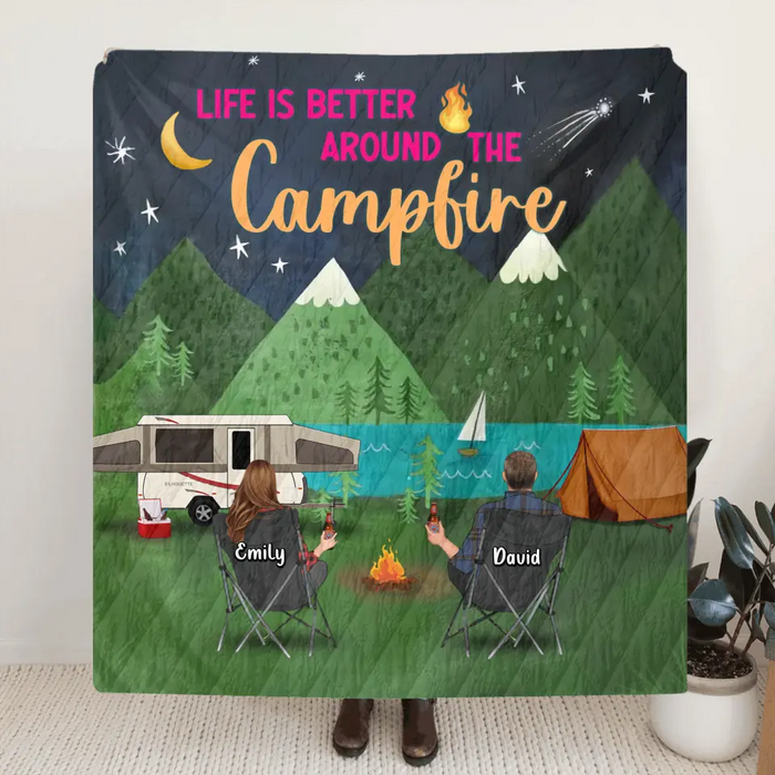 Personalized Camping Quilt/Fleece Throw Blanket - Gift Idea For Family/Camping Lover - Couple/ Parents/ Single Parent With Up to 5 Kids And 4 Pets - Life Is Better Around The Campfire