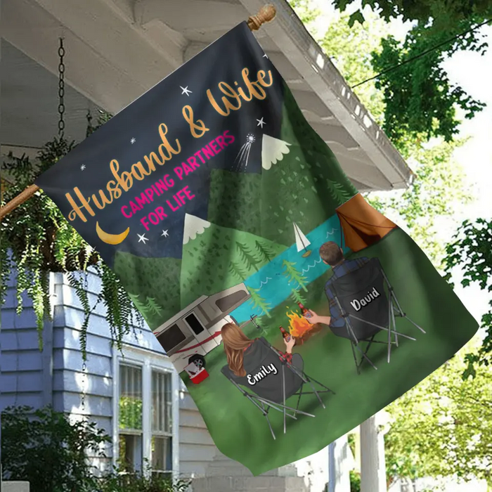 Personalized Camping Flag Sign - Gift Idea For Family/Camping Lover - Couple/Parents/Single Parent With Up to 5 Kids And 4 Pets - Husband & Wife Camping Partners For Life