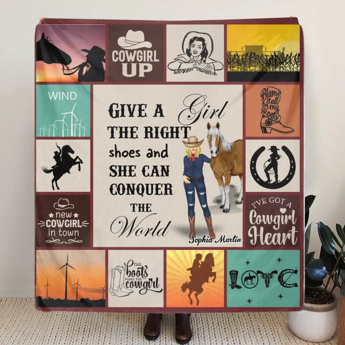Personalized Horse Girl Quilt/Fleece Throw Blanket - Gift Idea For Girl/Horse Lovers - Give A Girl The Right Shoes