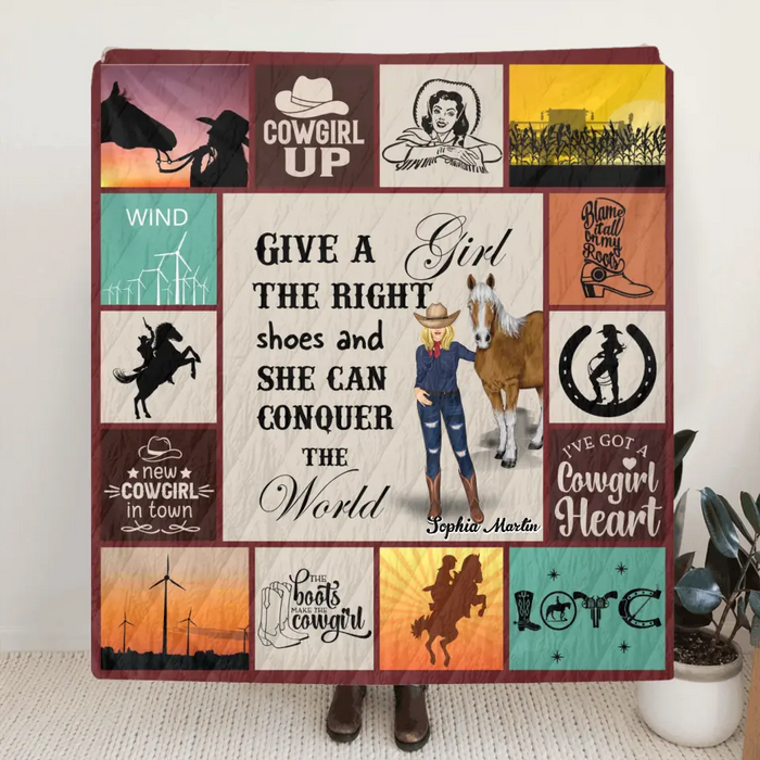 Personalized Horse Girl Quilt/Fleece Throw Blanket - Gift Idea For Girl/Horse Lovers - Give A Girl The Right Shoes