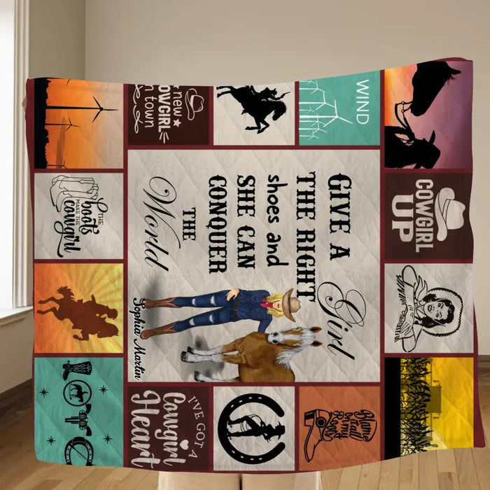 Personalized Horse Girl Quilt/Fleece Throw Blanket - Gift Idea For Girl/Horse Lovers - Give A Girl The Right Shoes