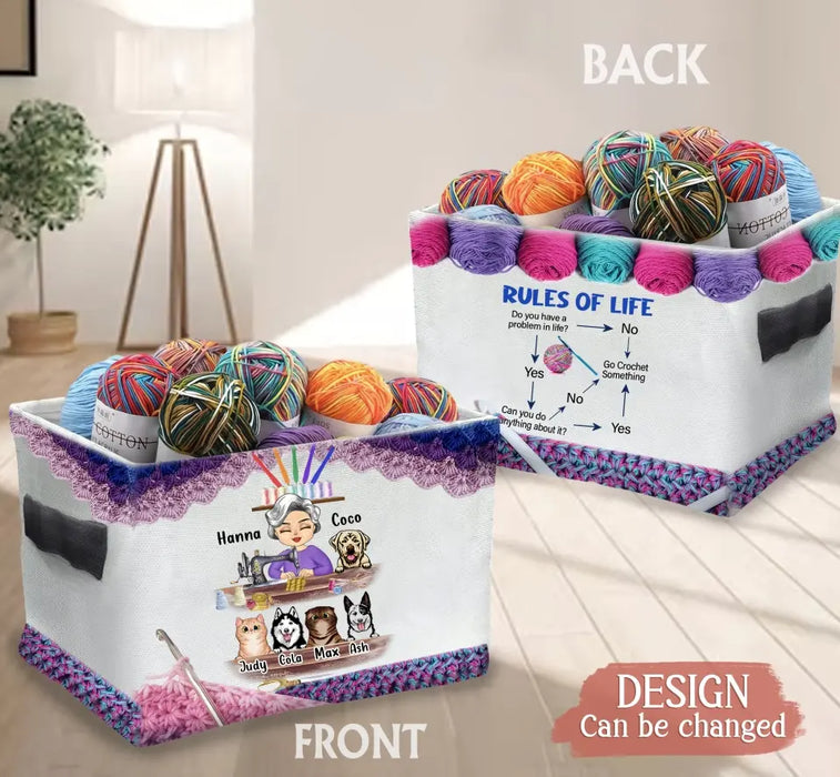 Personalized Crocheting Storage Box - Mother's Day Gift For Mom/Grandma/Crocheting Lover - Up To 6 Pets - Rules Of Life Go Crochet Something