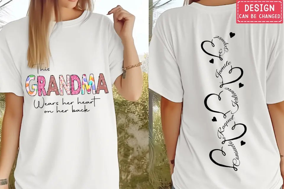 Personalized Grandma AOP T-Shirt - Up to 6 Kids - Mother's Day Gift Idea For Grandma - This Grandma Wears Her Heart On Her Back