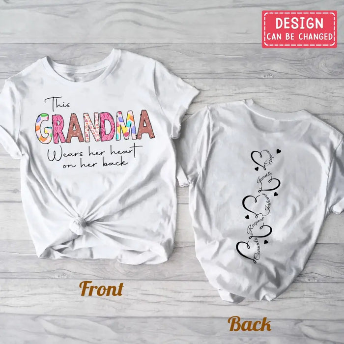 Personalized Grandma AOP T-Shirt - Up to 6 Kids - Mother's Day Gift Idea For Grandma - This Grandma Wears Her Heart On Her Back