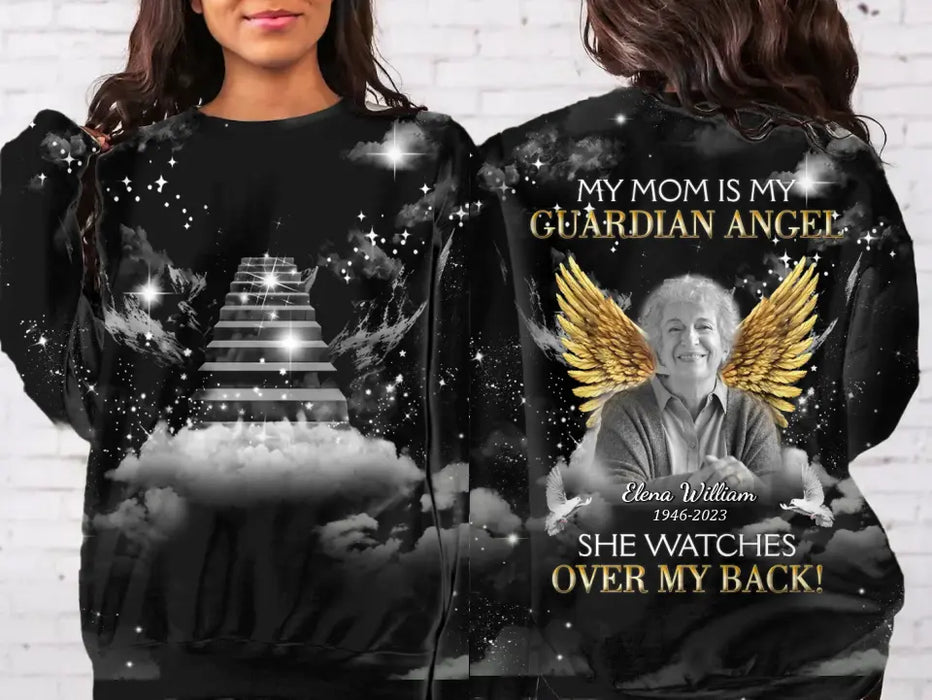 Personalized Memorial Mom AOP Sweater - Upload Photo - Memorial Gift Idea For Family Member/Mother's Day - My Mom Is My Guardian Angel She Watches Over My Back