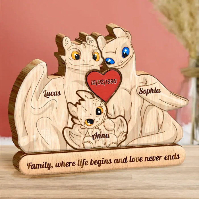 Personalized Dragon Family Wooden Puzzle - Parents with up to 3 Children - Gift Idea For Mother's Day/Father's Day